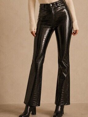 Motel Rocks NWT Black Croc Embossed Faux Leather Flare Pants Medium 28x31